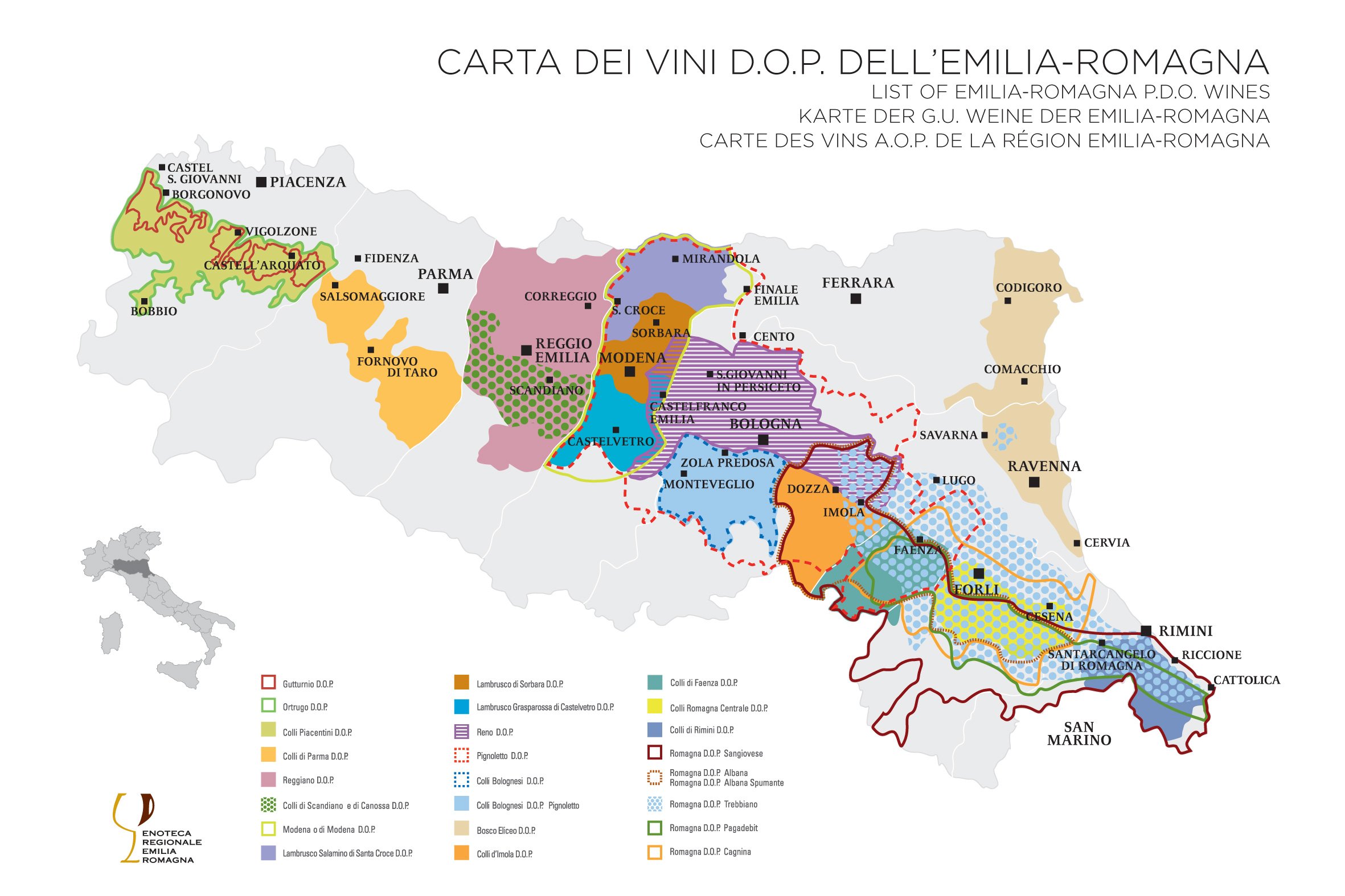 La mappa dei vini DOP dell'Emilia-Romagna