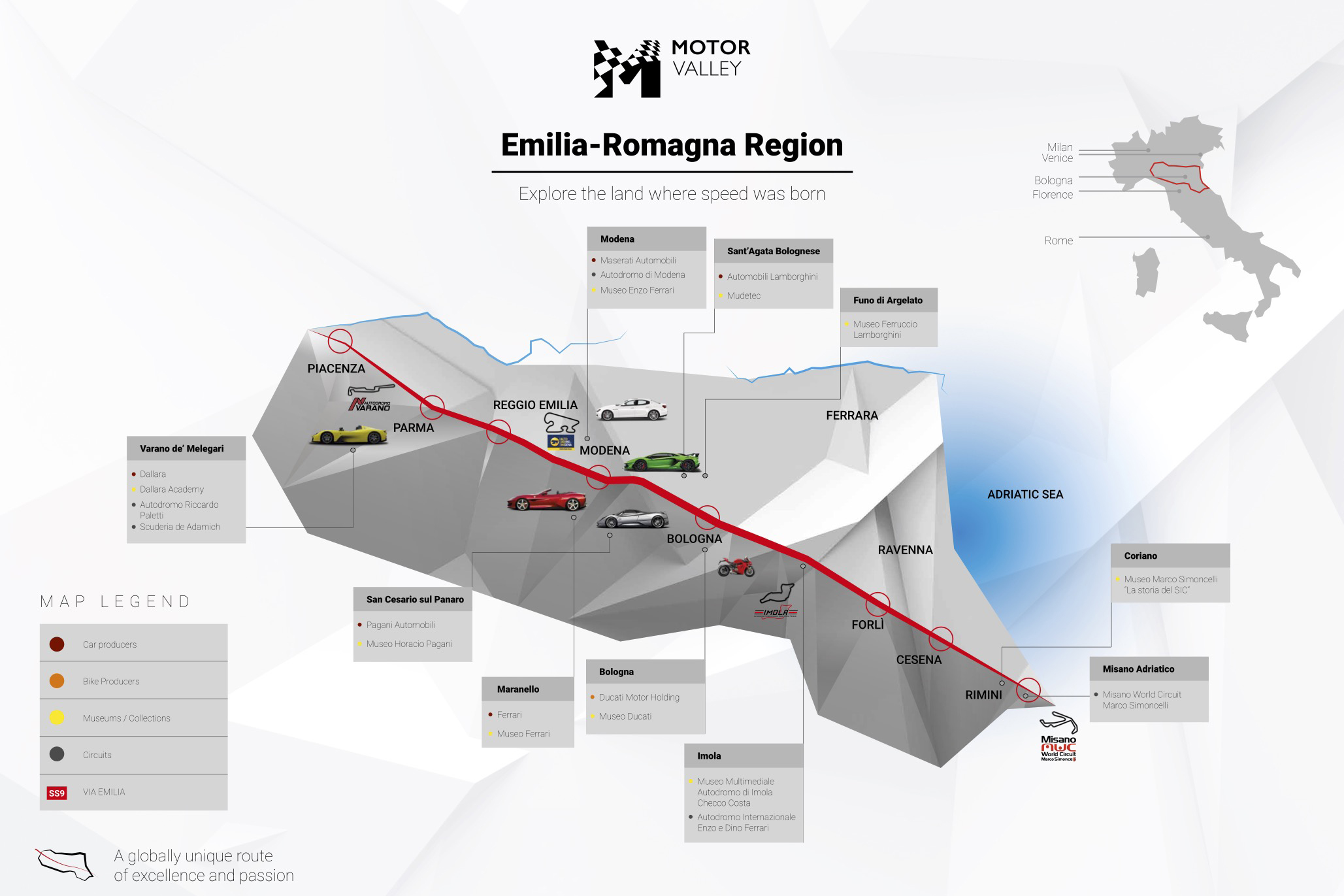 La mappa della Motorvalley dell'Emilia-Romagna