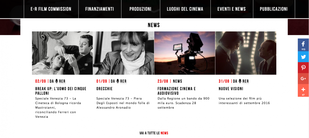 Sezione news del sito www.emiliaromagnacreativa.it/cinema