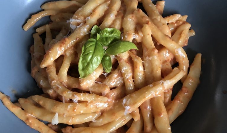 Home made Strozzapreti, literally “priest-strangler” pasta