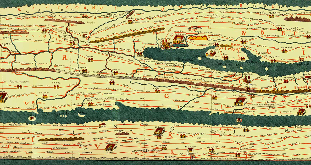 La Via Emilia come appare nella Tabula Peutingeriana, copia medievale di una carta geografica dell'Impero romano (IV secolo d.C.)