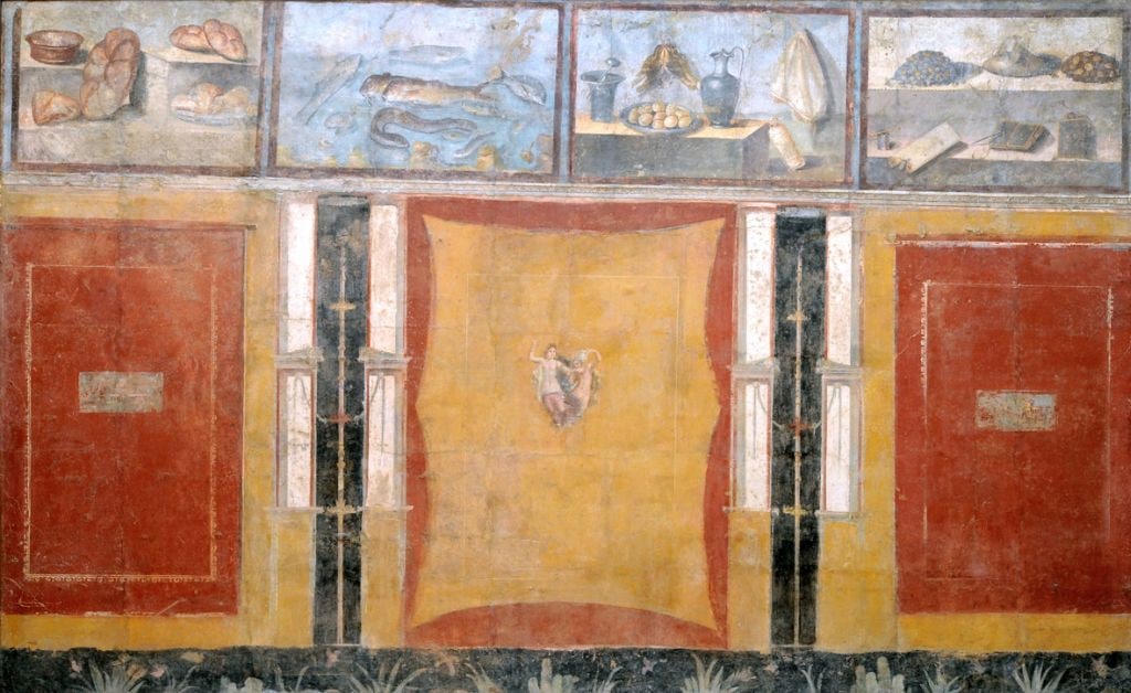 Parete in IV stile con Nature Morte (xenia), Pompei, Praedia di Iulia Felix, Reg. II, 4, 3, tablino (92), parete sud affresco, cm 298 x 447, I secolo d.C. 2, mostra I Pittori di Pompei, Museo Civico Archeologico, Bologna